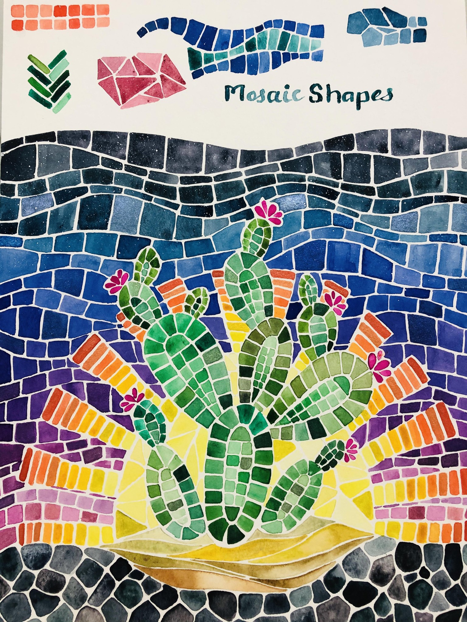 Desert Cacti Horizon Watercolor Mosaic process and final piece - image 4 - student project