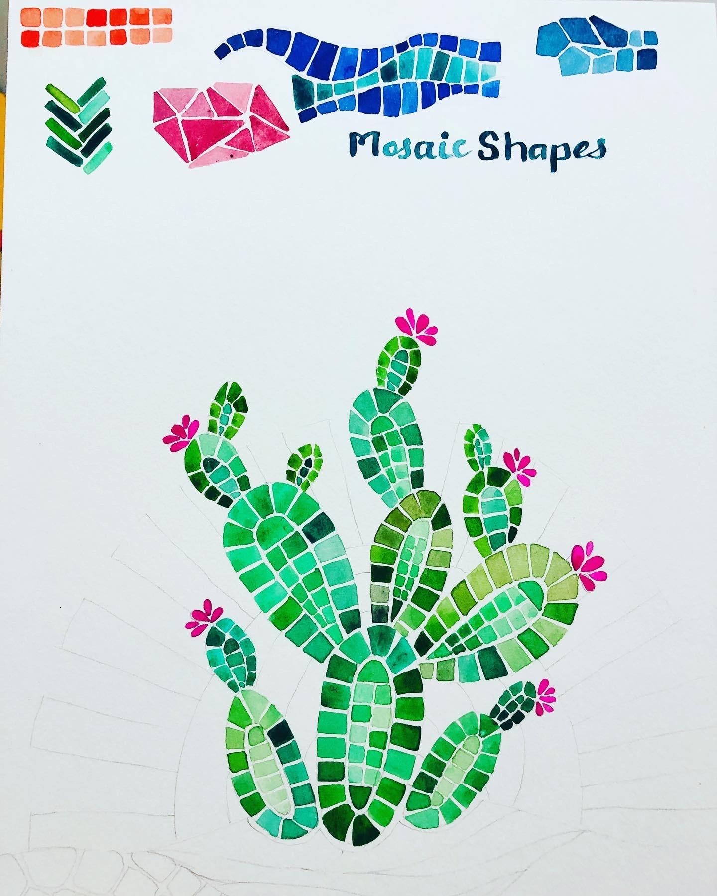 Desert Cacti Horizon Watercolor Mosaic process and final piece - image 1 - student project