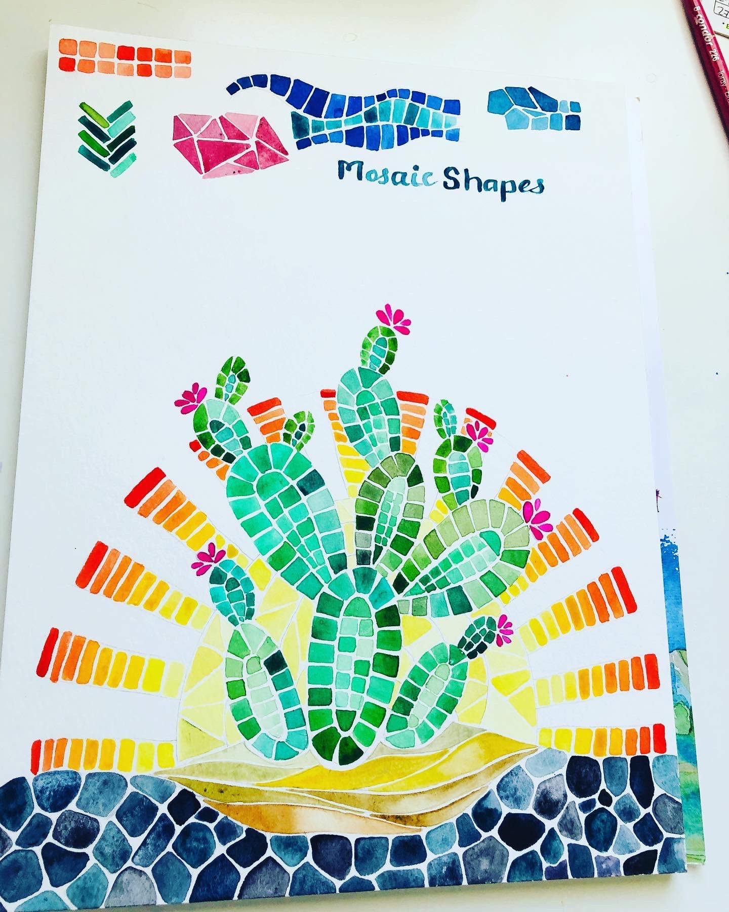 Desert Cacti Horizon Watercolor Mosaic process and final piece - image 2 - student project