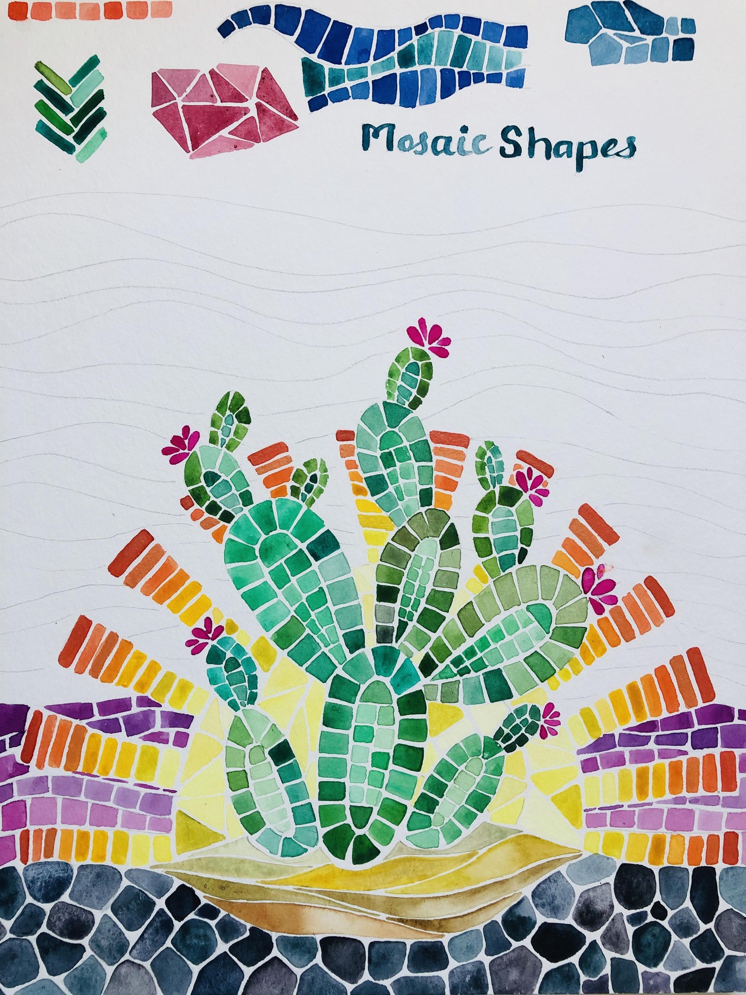 Desert Cacti Horizon Watercolor Mosaic process and final piece - image 3 - student project