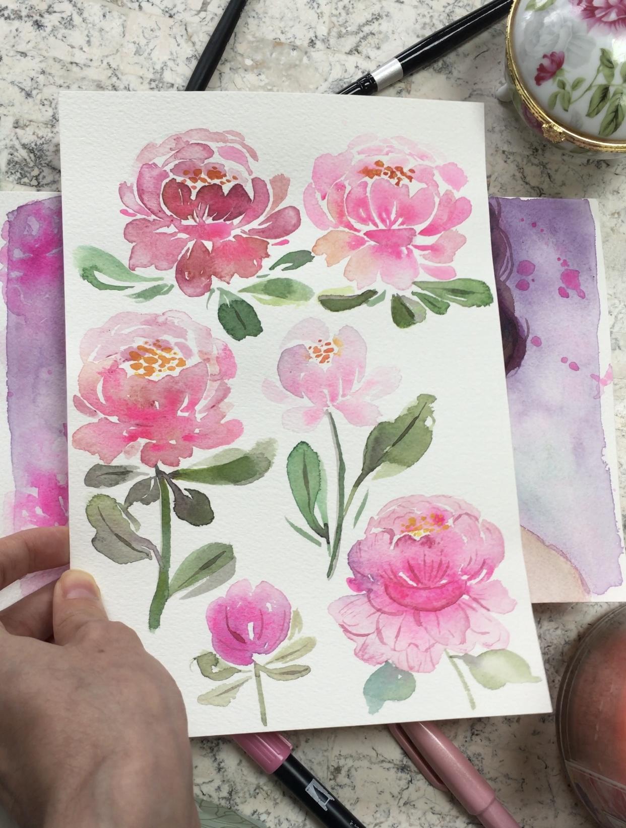 Watercolor peony practice in different styles - image 2 - student project