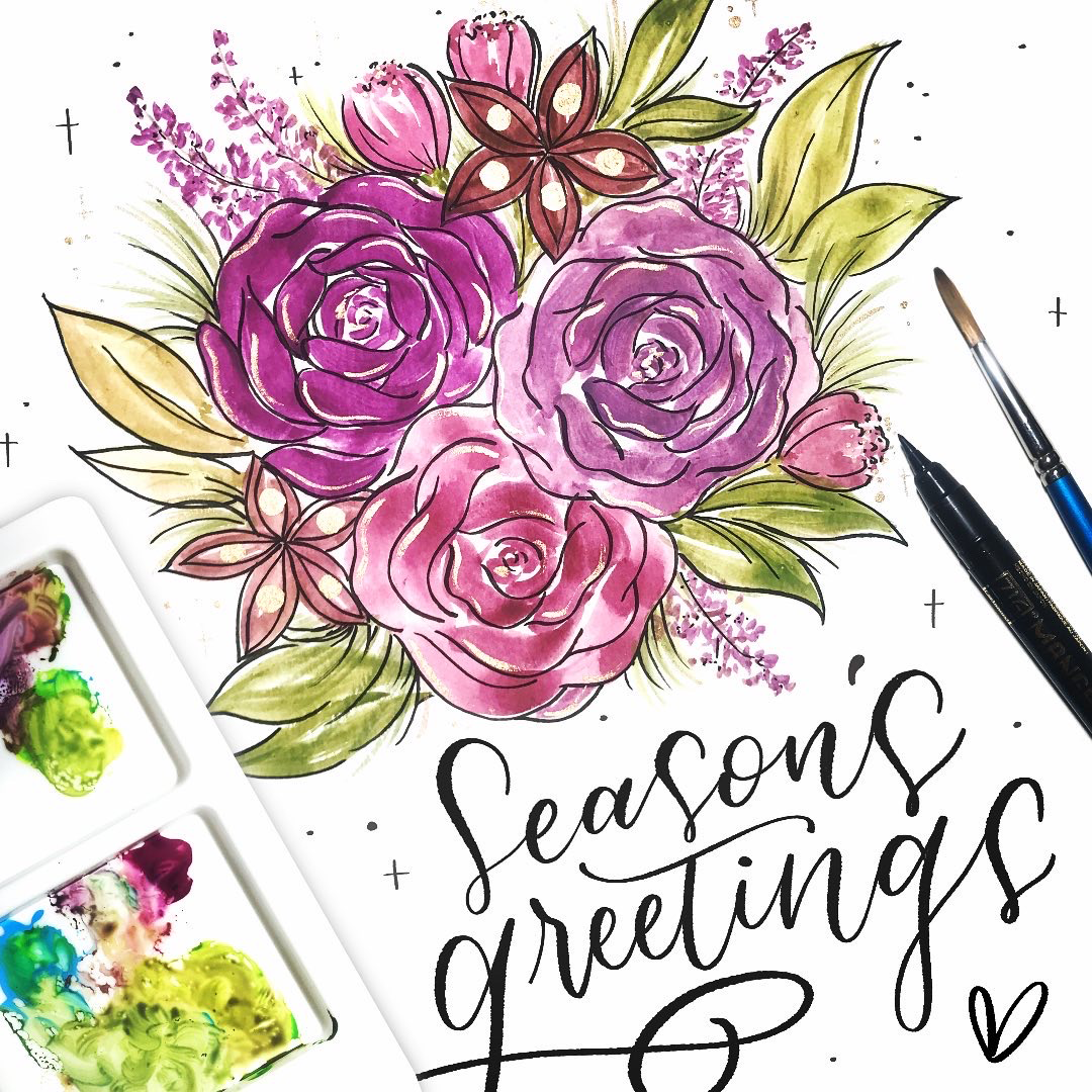 Season's greetings gouache flowers - image 1 - student project