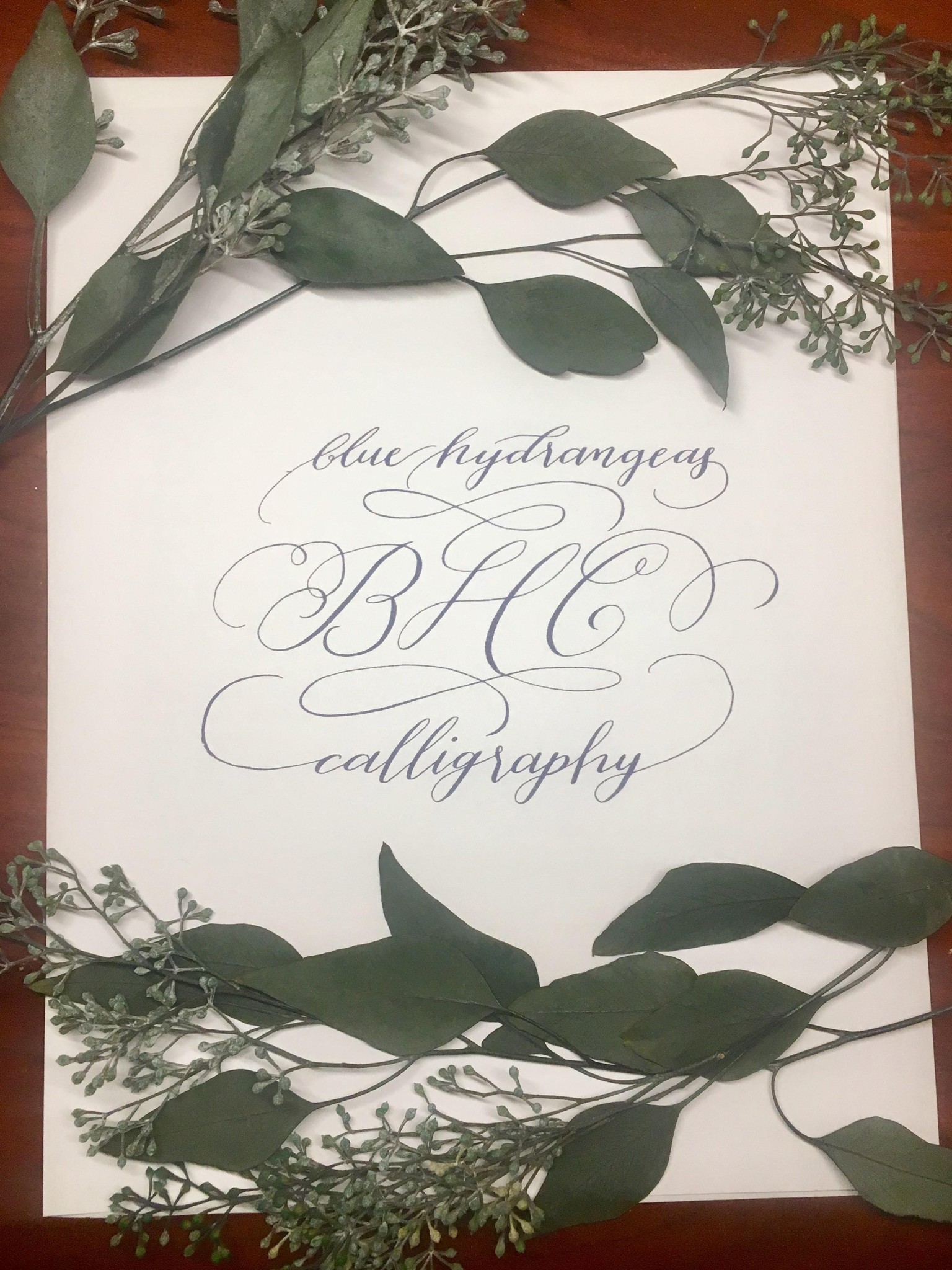 Blue Hydrangeas Calligraphy business card design, thank you! - image 1 - student project