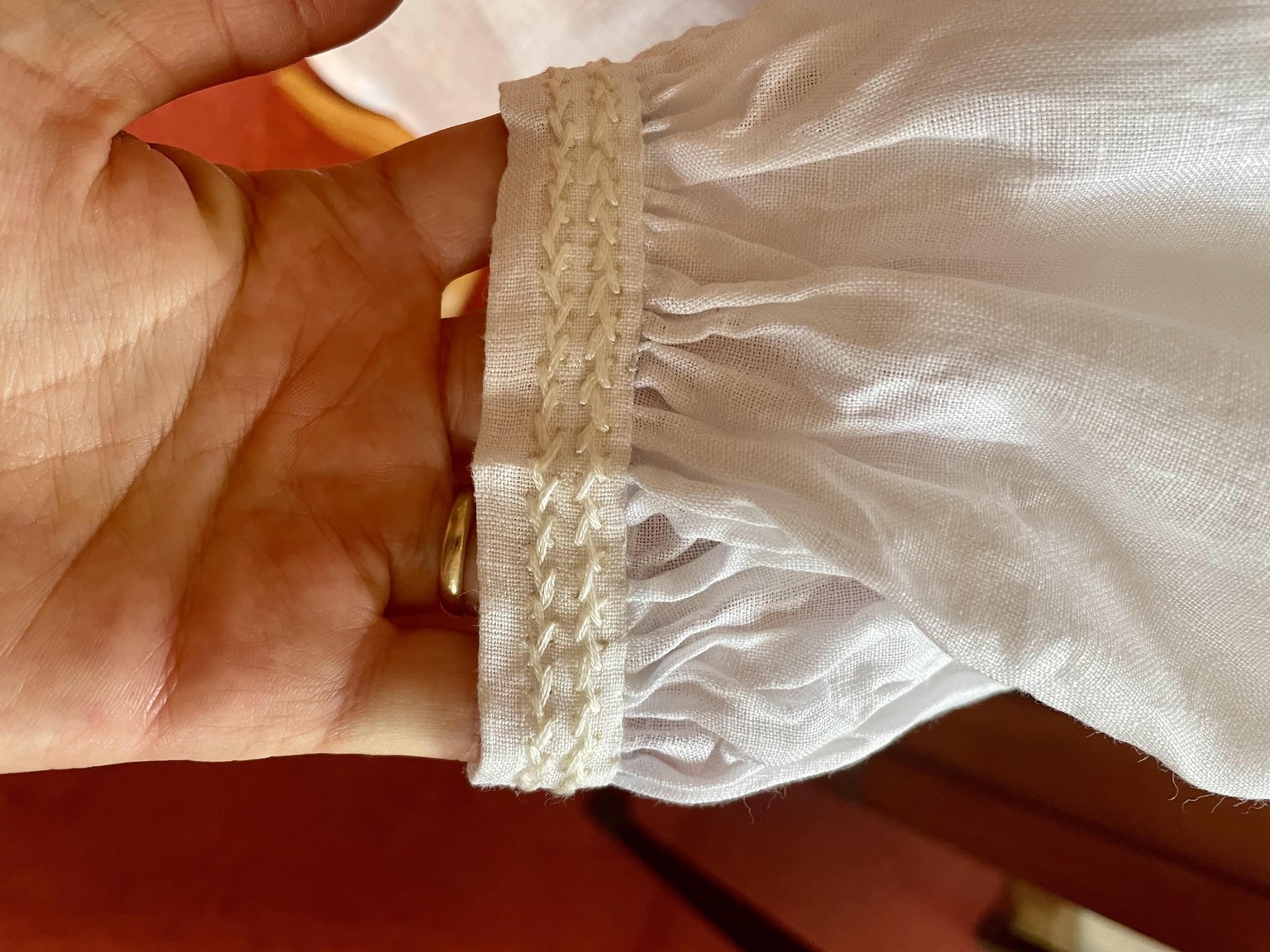 White Linen Blouse with smocked neckline - image 4 - student project