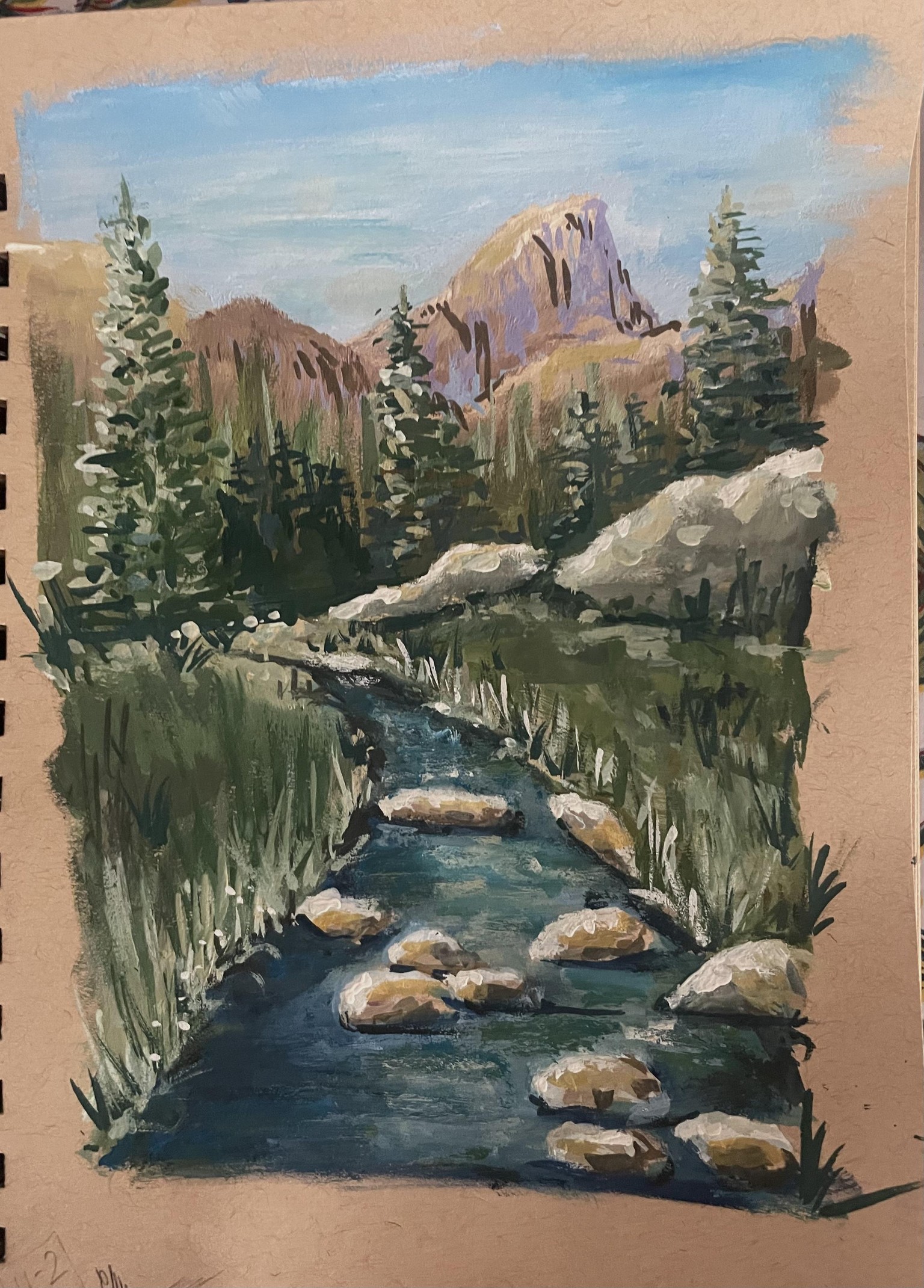 My mountain river gouache landscape - image 1 - student project