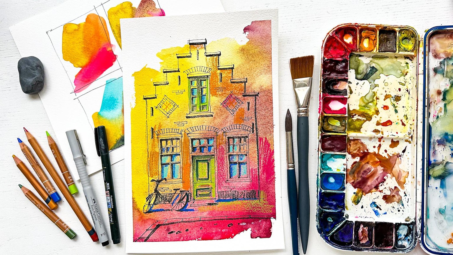 Expressive Urban Sketching Technique with Watercolor & Colored Pencils - image 1 - student project