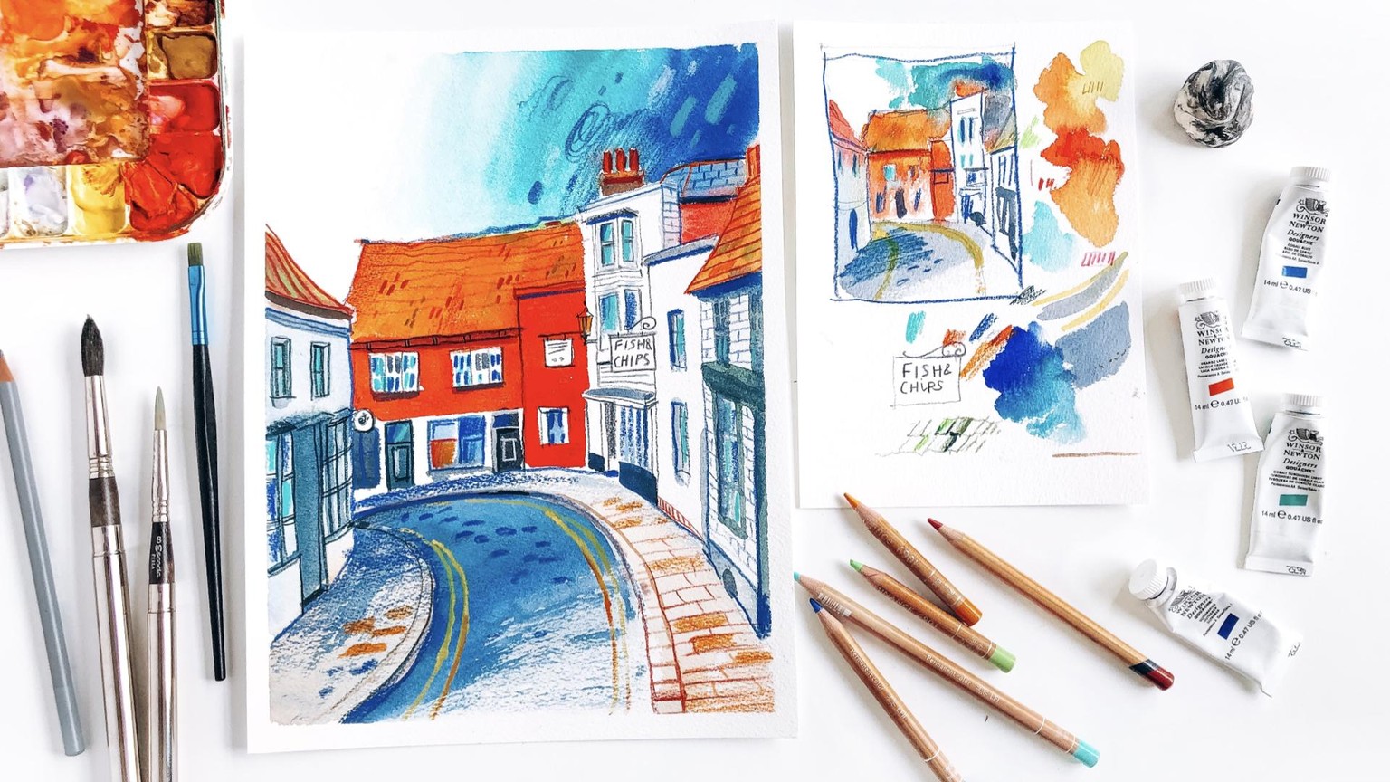 Urban Sketching: Street with Gouache and Colored Pencils - image 1 - student project