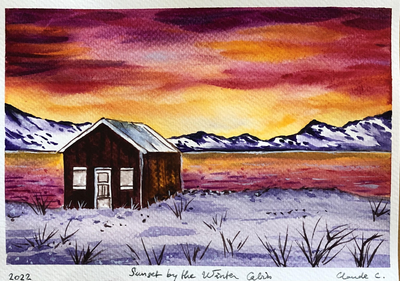 Watercolor landscapes: Sunset by the Winter Cabin - image 1 - student project