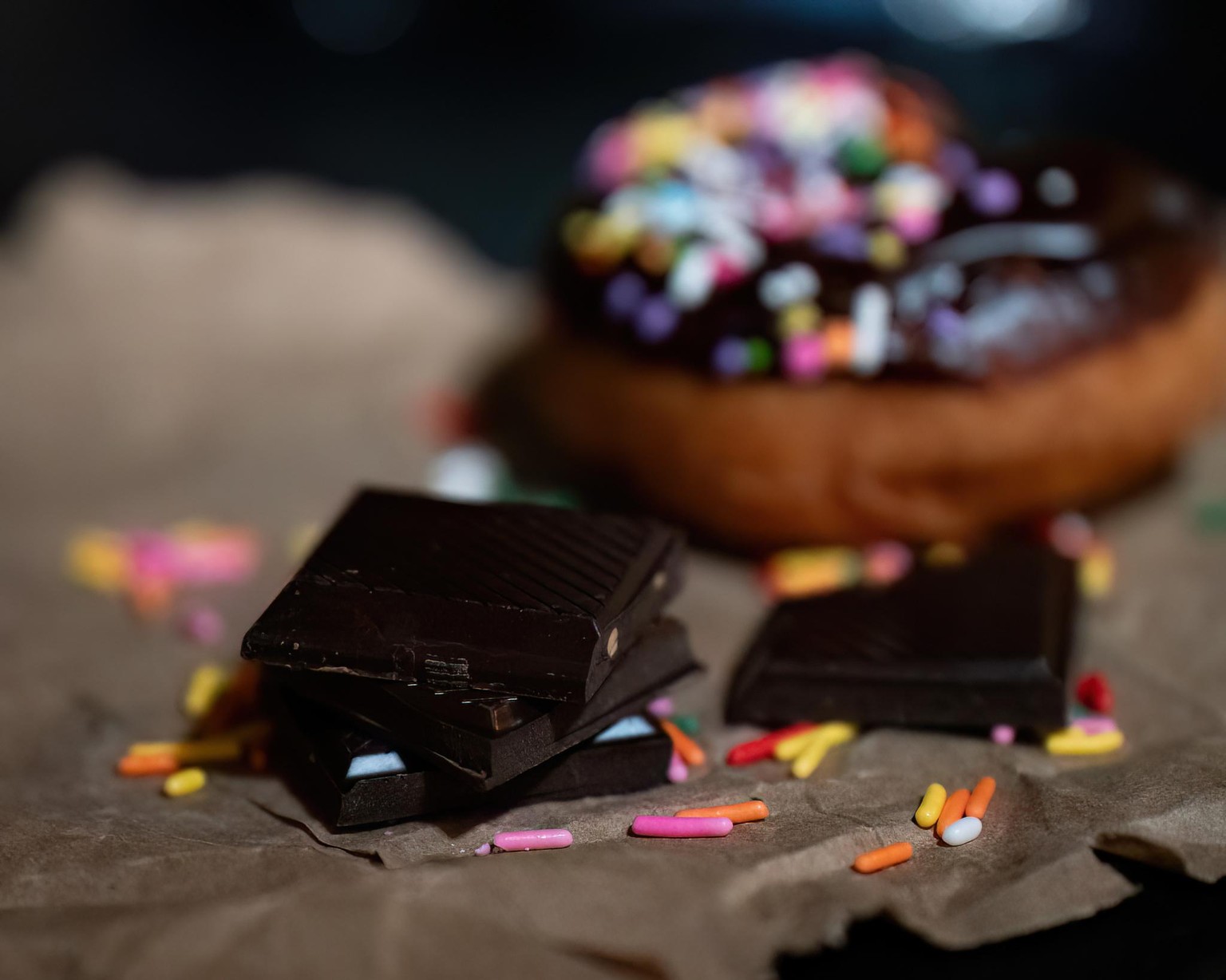 Moody shot with sprinkle donut flavored dark chocolate - image 1 - student project