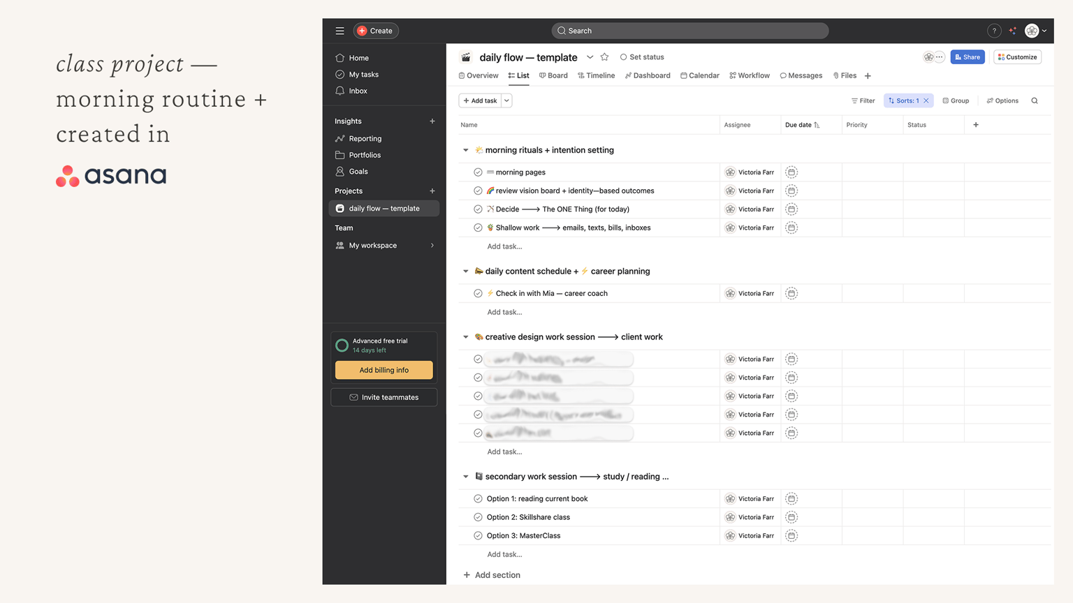 Morning routine list (created in Asana) - image 2 - student project
