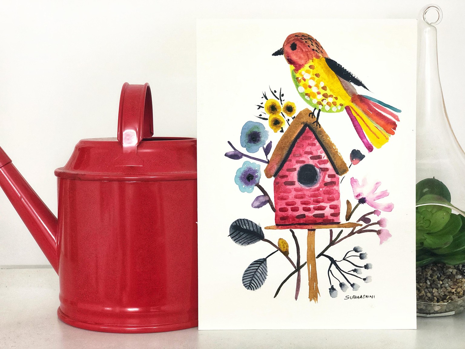 Watercolor Birdie with florals - image 2 - student project