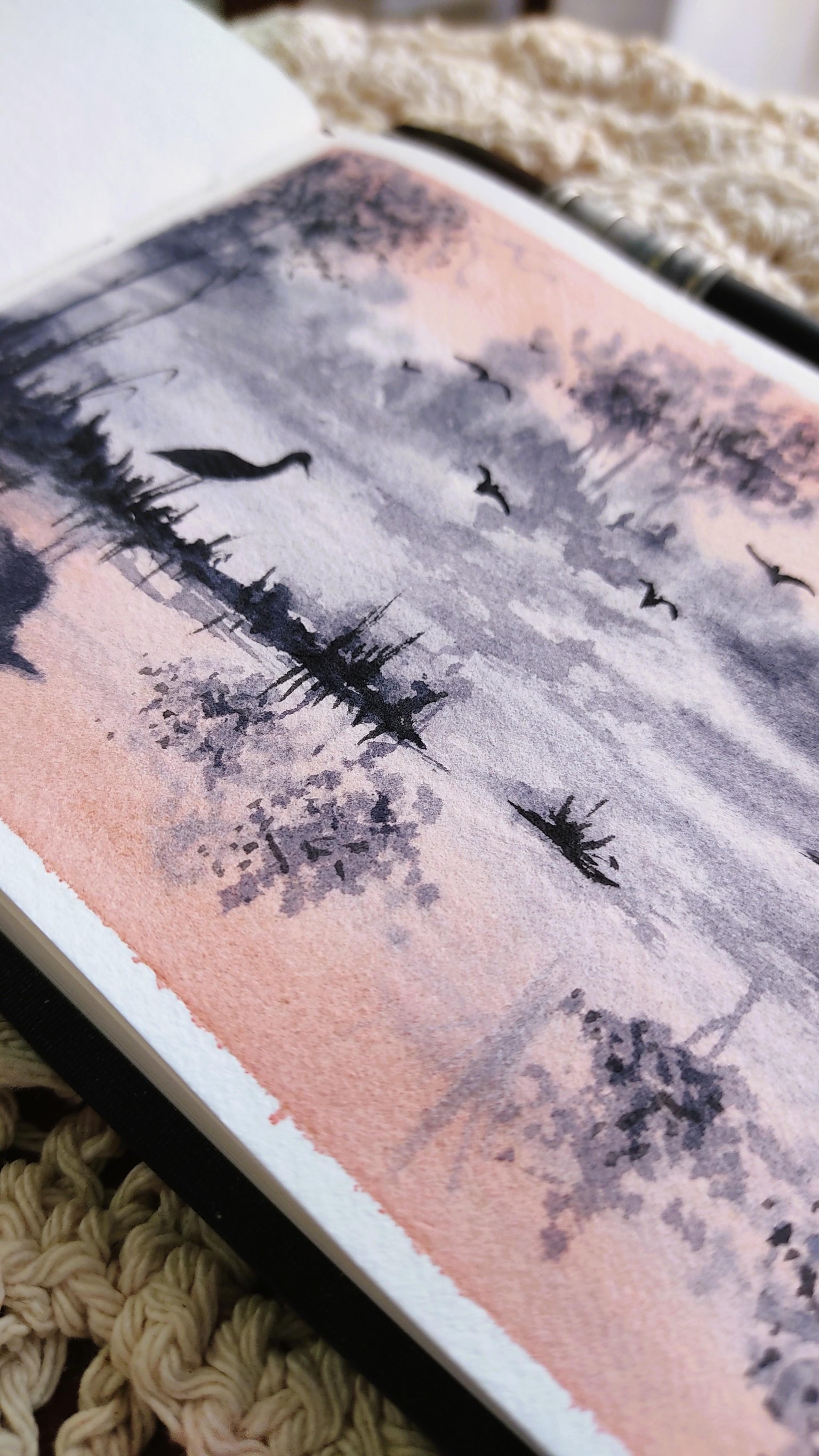 Stillness in Pink - A Serene Misty Watercolor Landscape - image 2 - student project