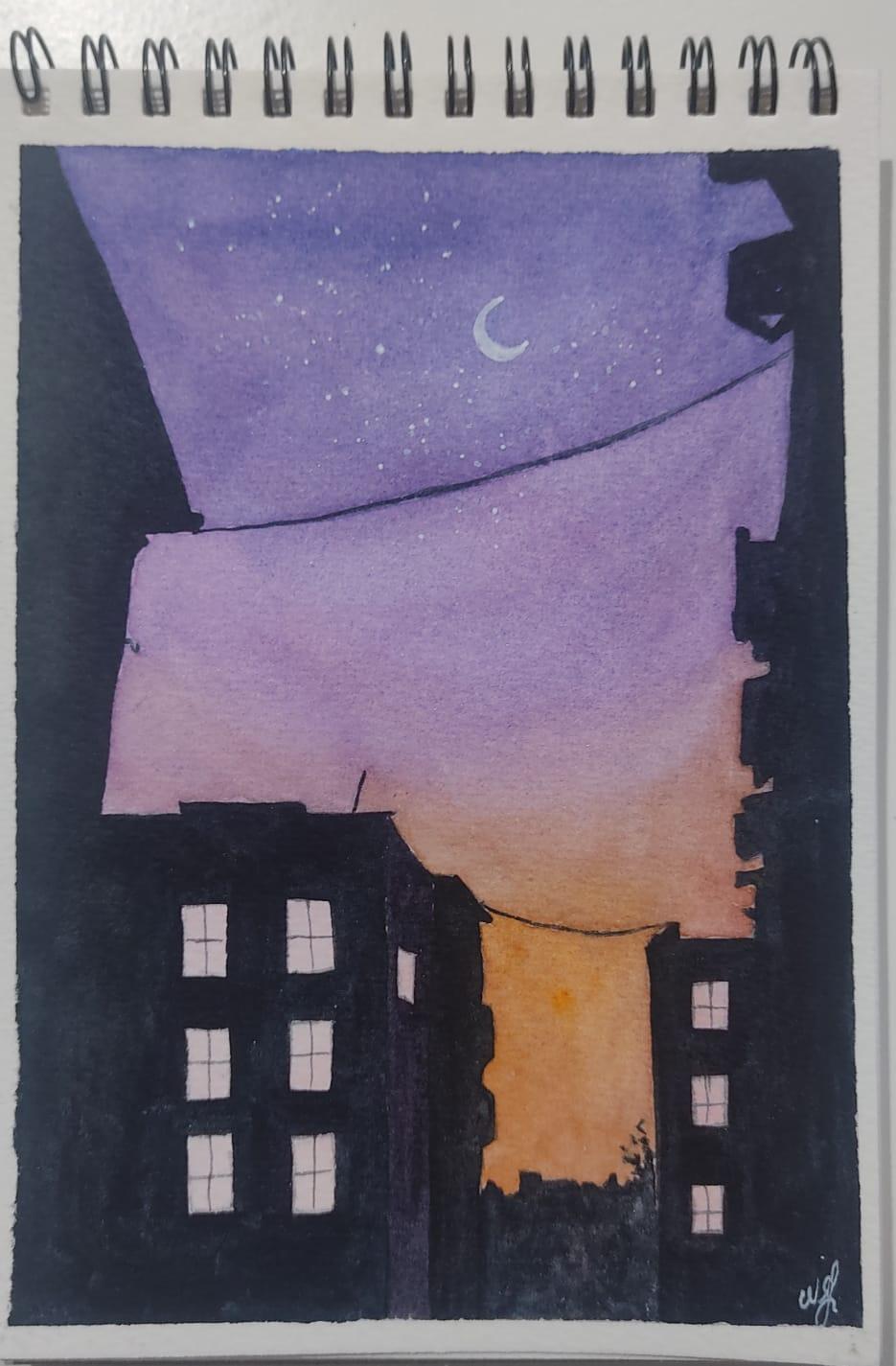 Relaxing Watercolor Painting of the Night Sky in the City - image 1 - student project