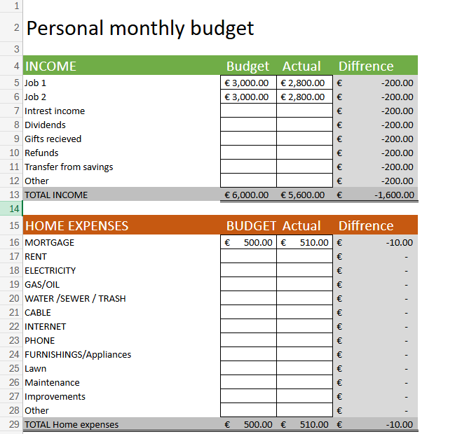 Excel Budgeting Sheet - image 2 - student project