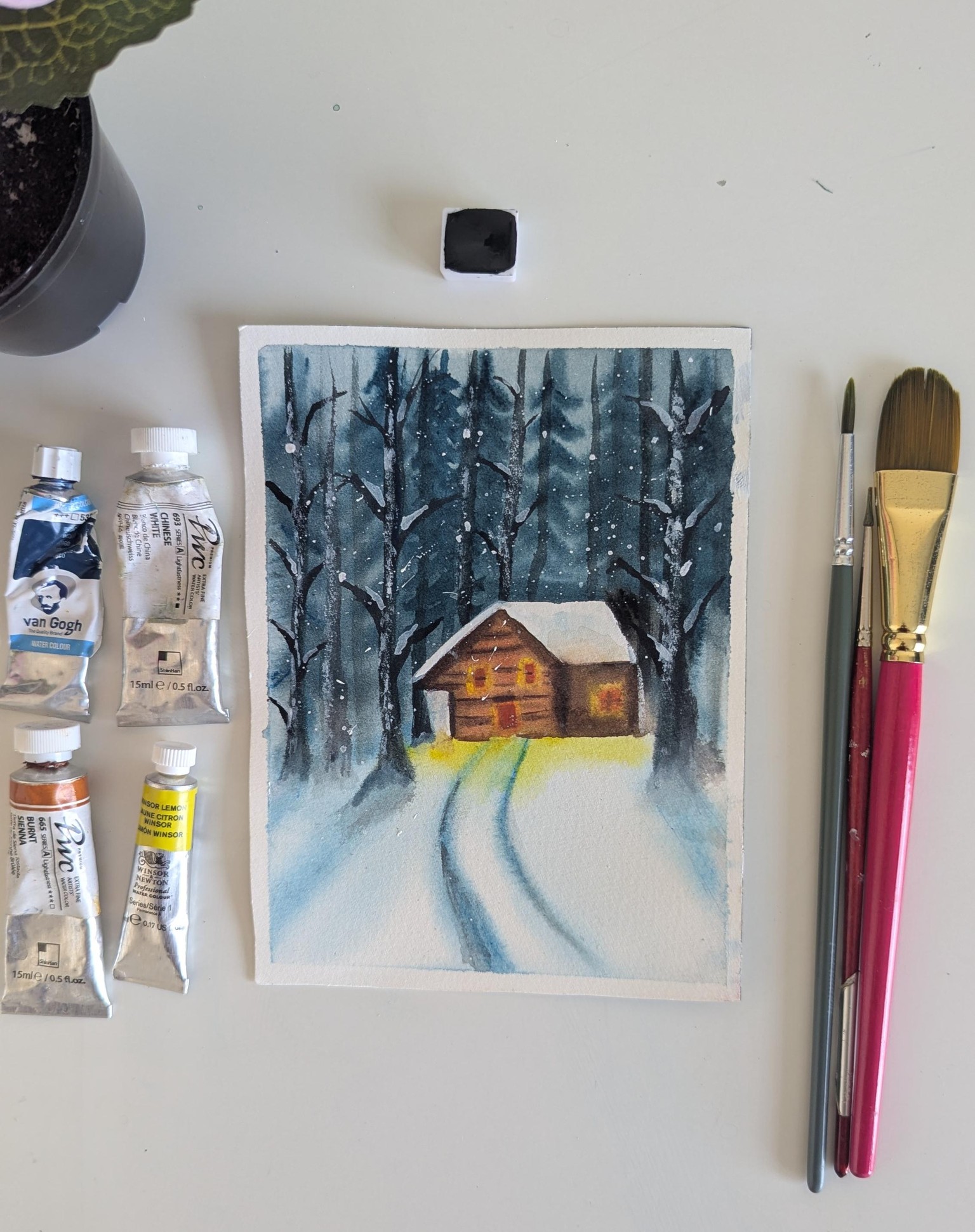 Winter Snowy Cabin in the Woods - Using Watercolours - image 1 - student project