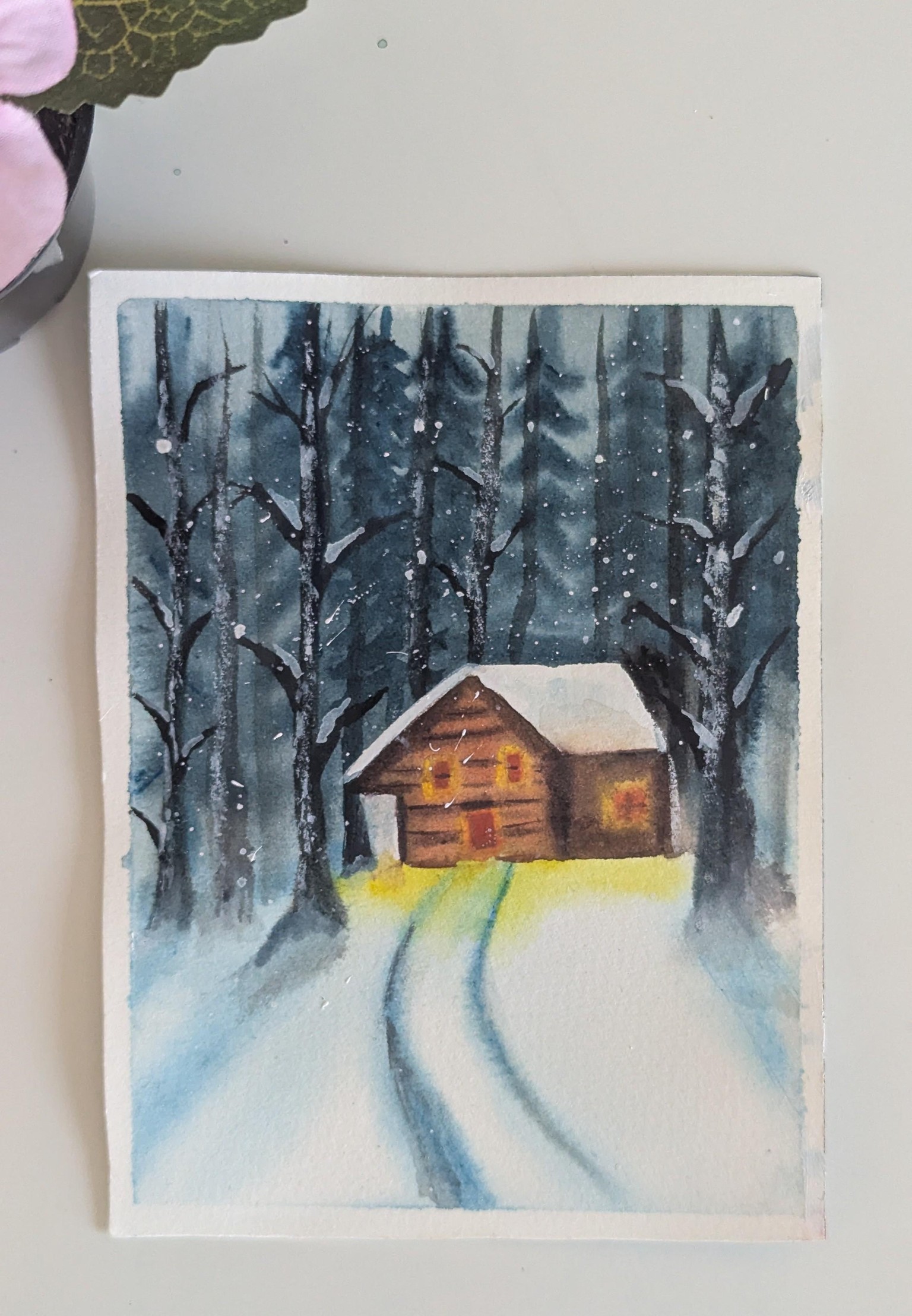 Winter Snowy Cabin in the Woods - Using Watercolours - image 2 - student project