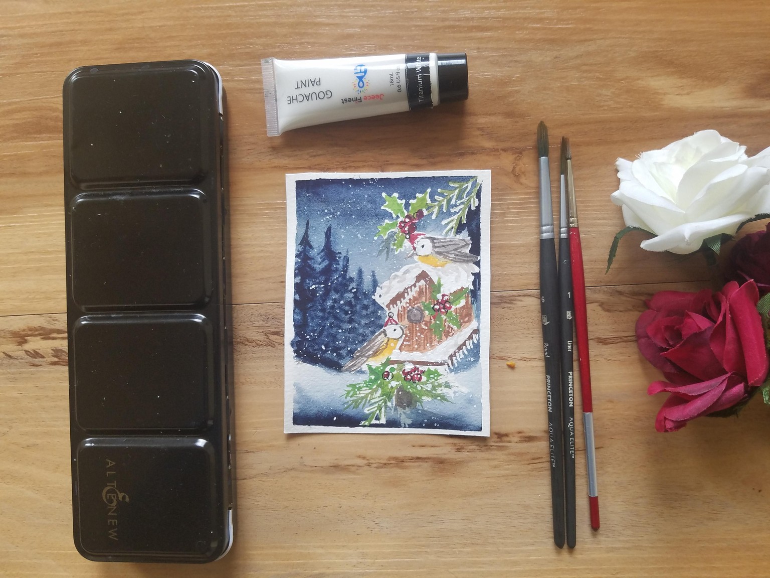 Watercolor Birds and Birdhouse in a Snowy Christmas Winter Wonderland - image 2 - student project