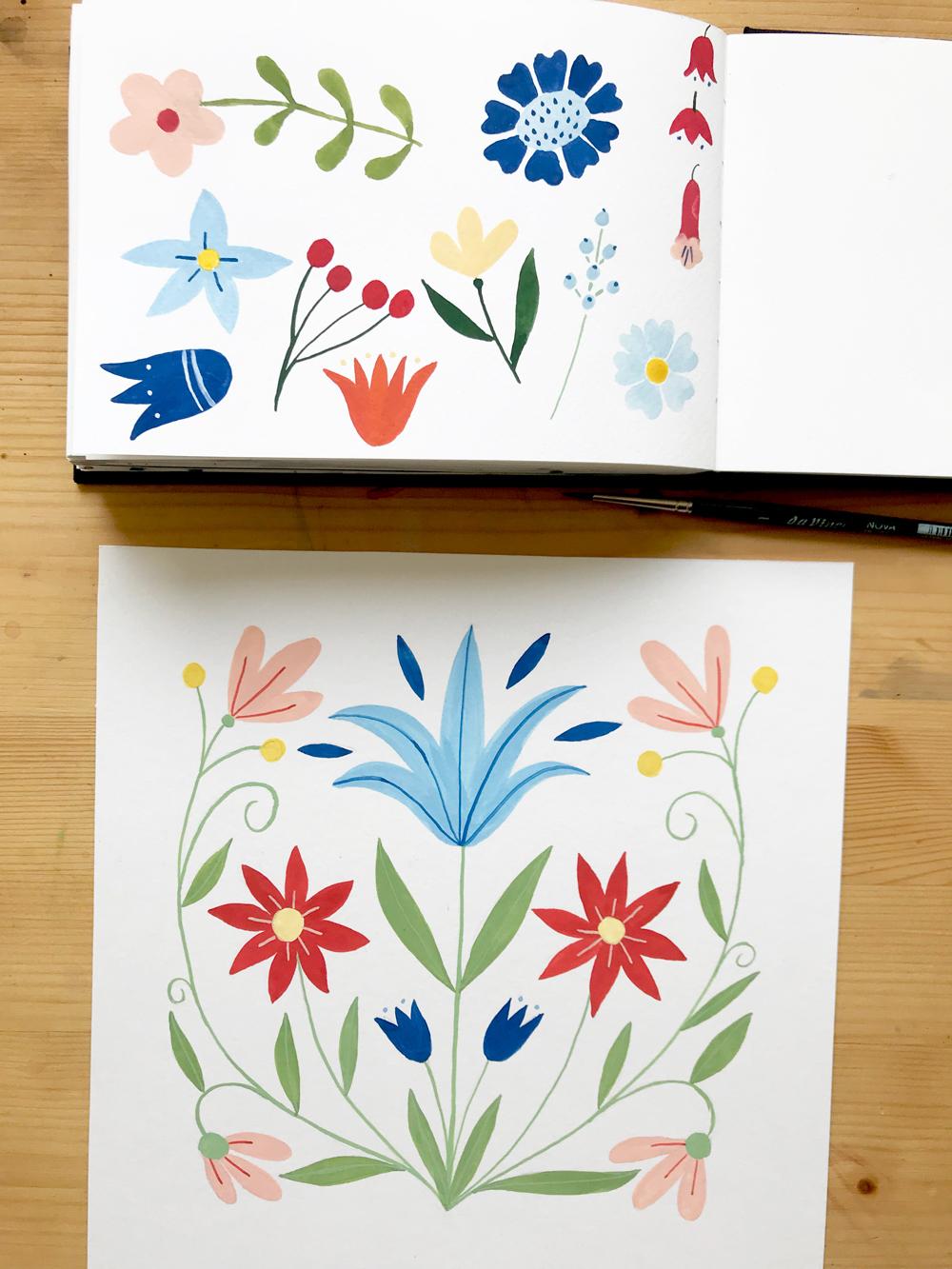 3 symmetrical folk art designs in gouache - image 1 - student project