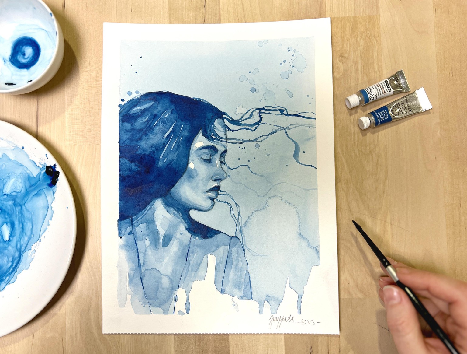 My class project - monochromatic watercolor portrait - image 1 - student project