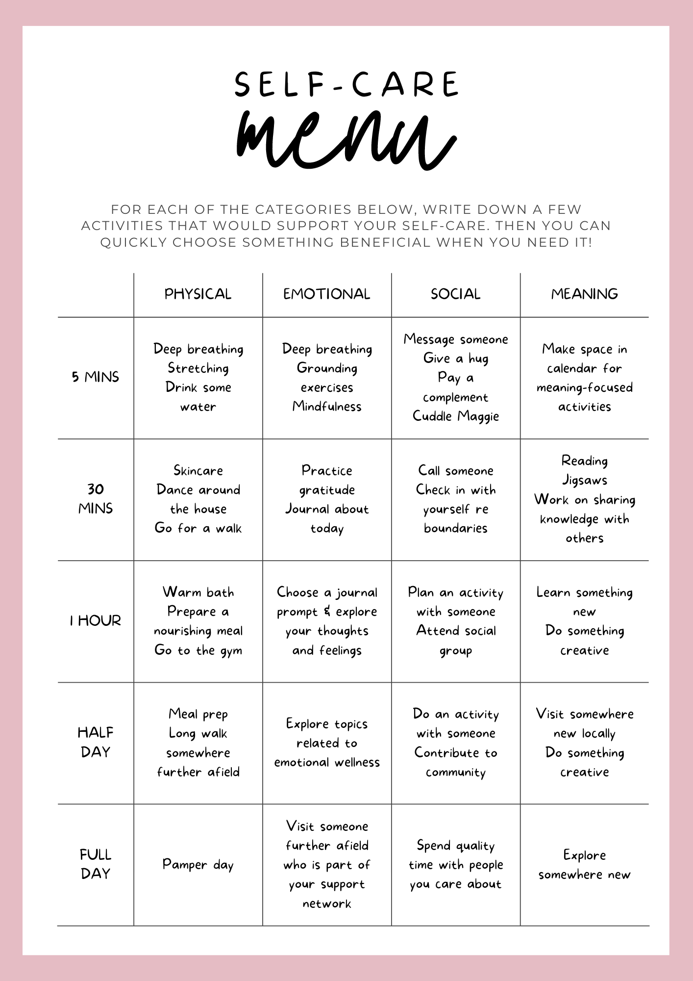 My Self-Care Menu - image 1 - student project