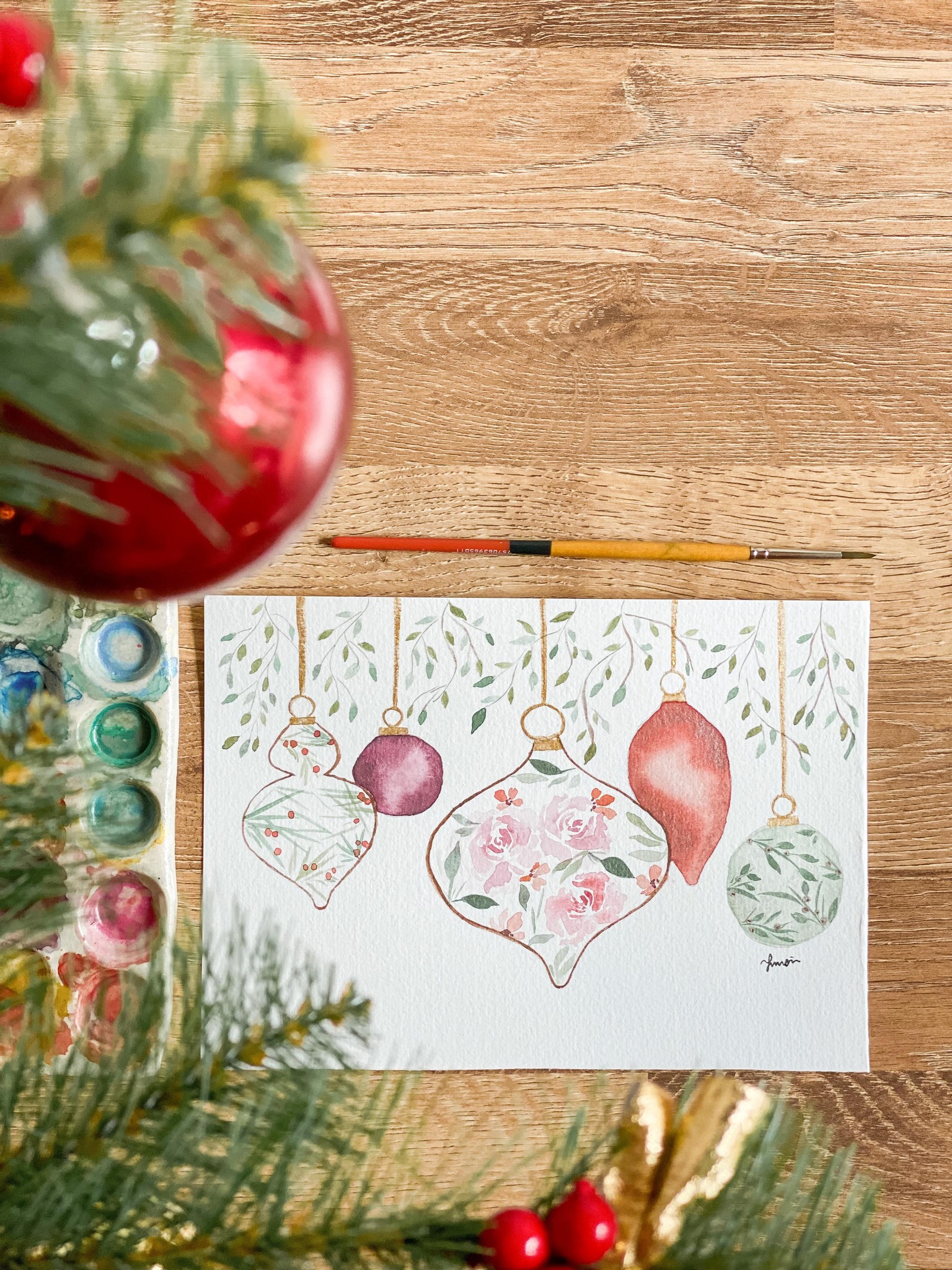Watercolour Christmas Floral Ornaments - image 1 - student project