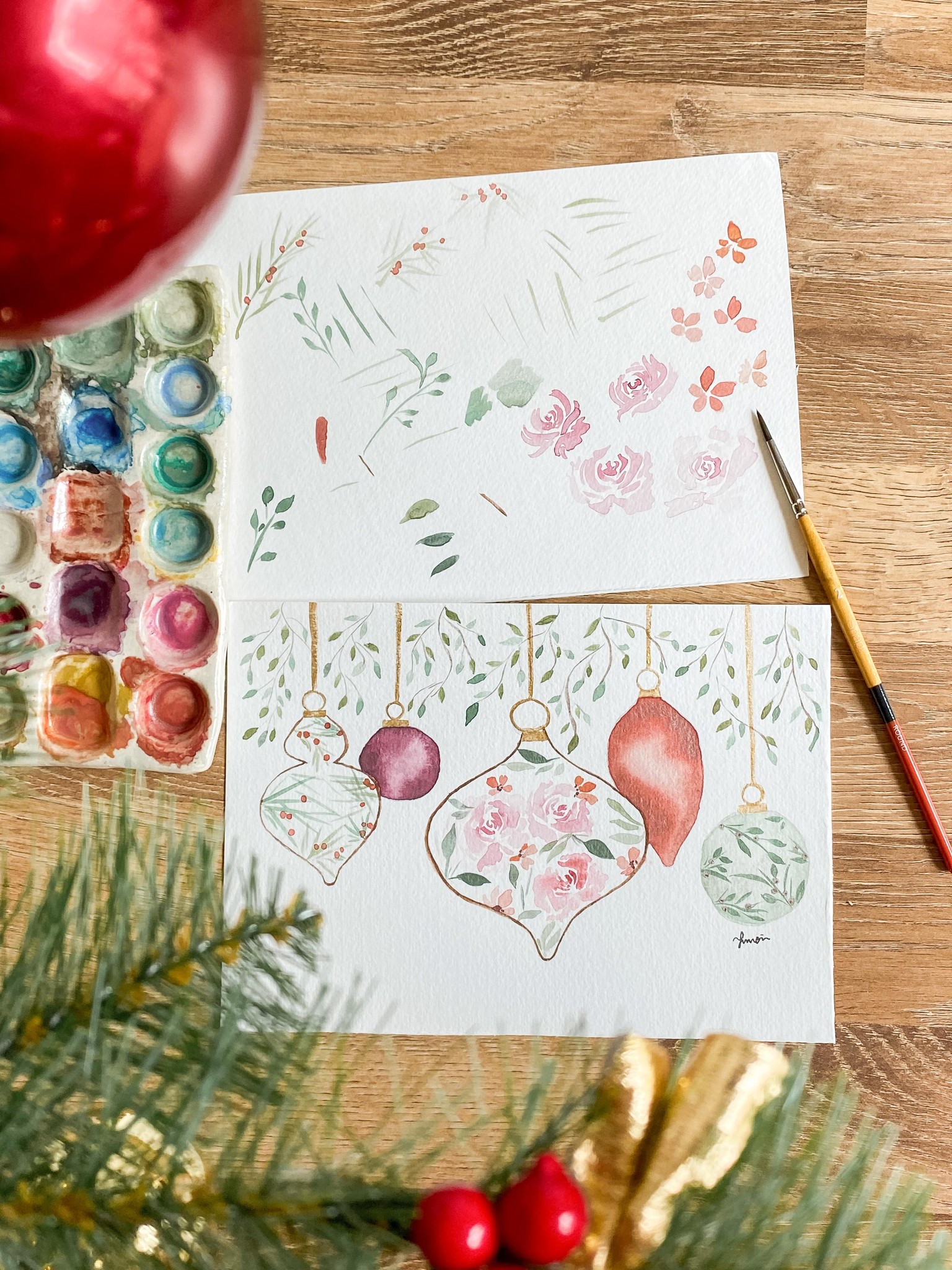 Watercolour Christmas Floral Ornaments - image 2 - student project