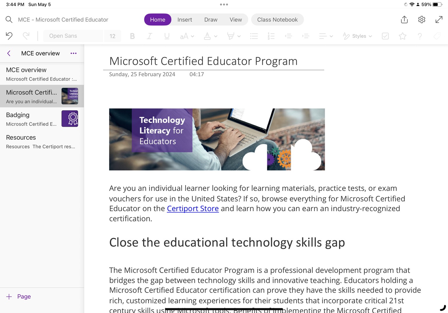 Example of OneNote  - digital portfolio for preparing and taking the MCE exam - image 1 - student project