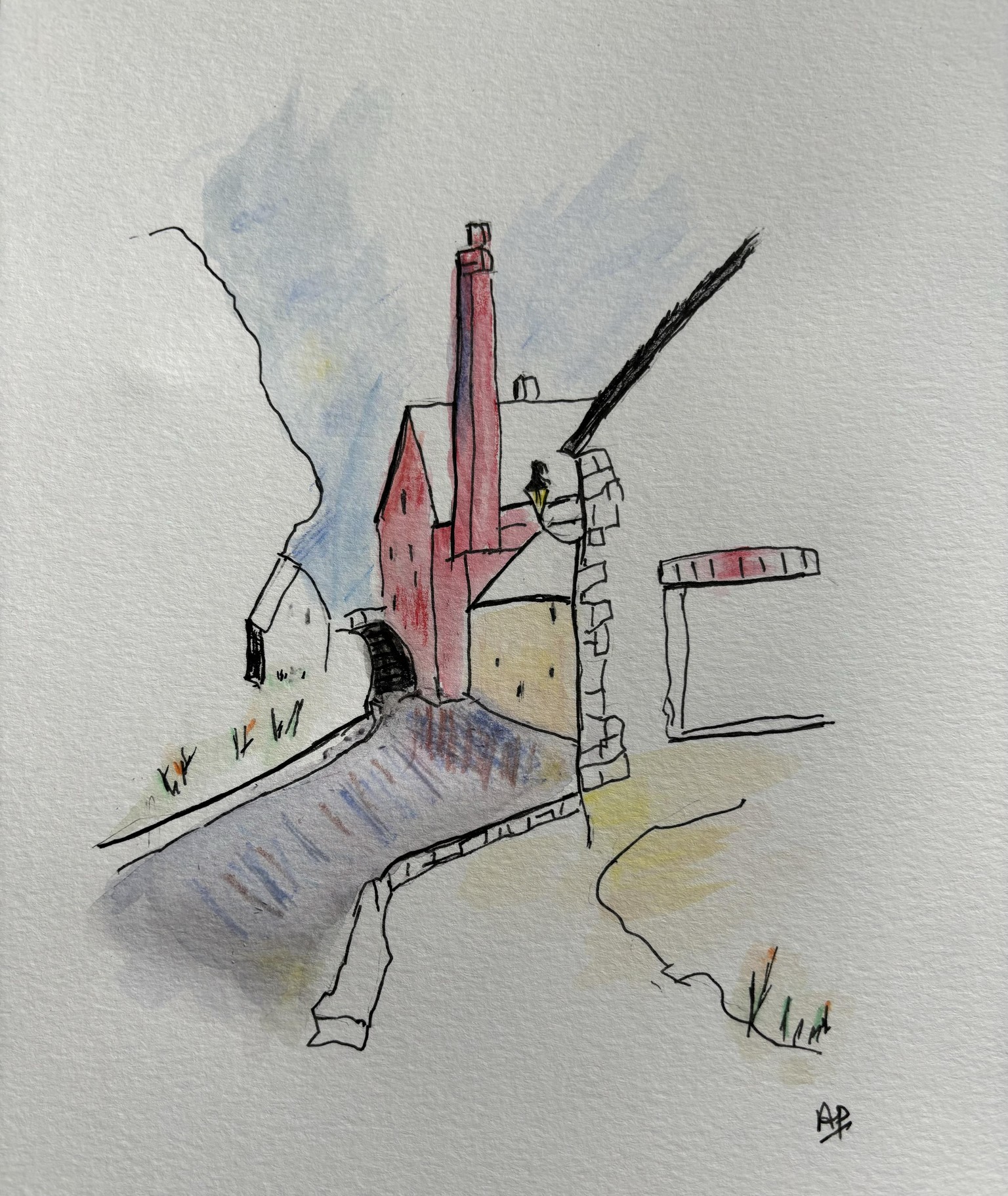 Charming watermill using ink and pencil crayons. - image 1 - student project
