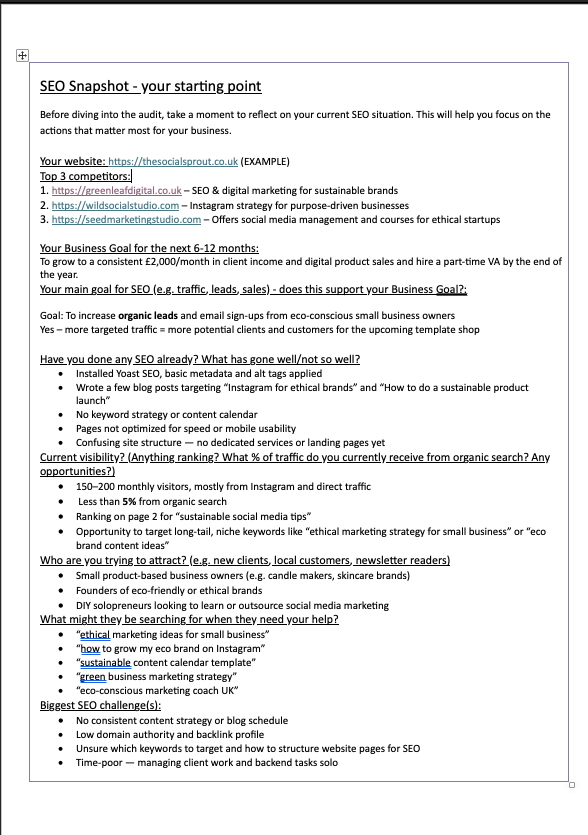 Example SEO strategy snapshot - image 1 - student project