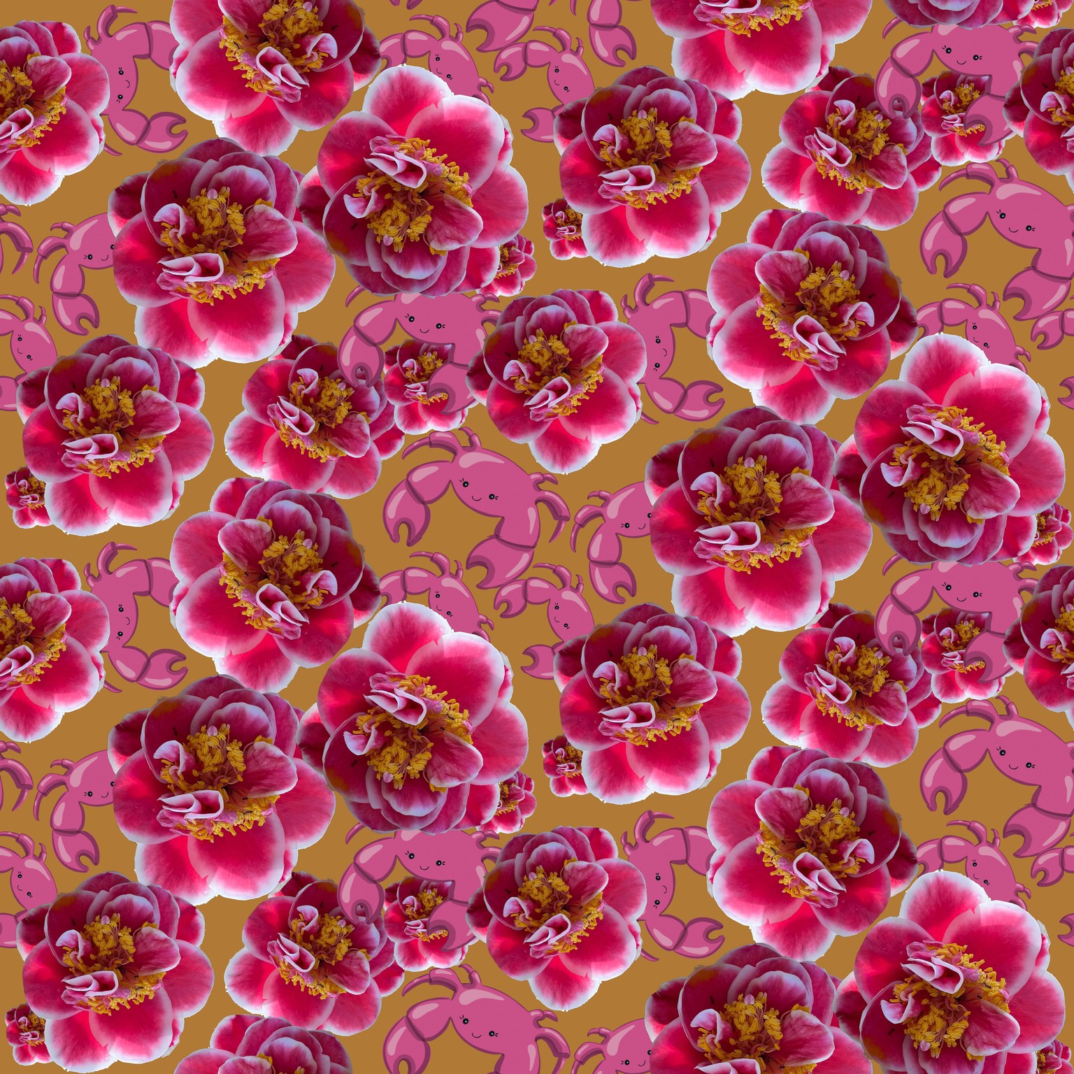 Pink flower and crab half drop repeat - image 1 - student project
