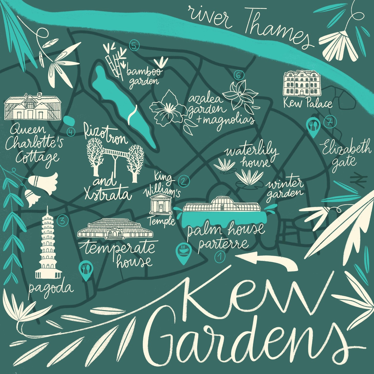 Kew gardens illustrated map and London bridges - image 2 - student project
