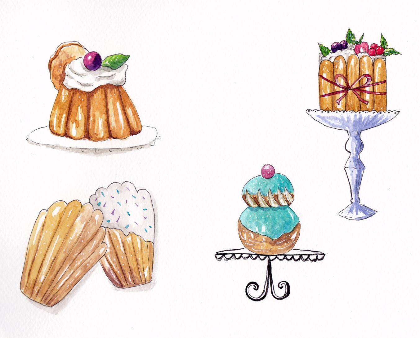 Ink and watercolor french desserts - image 1 - student project