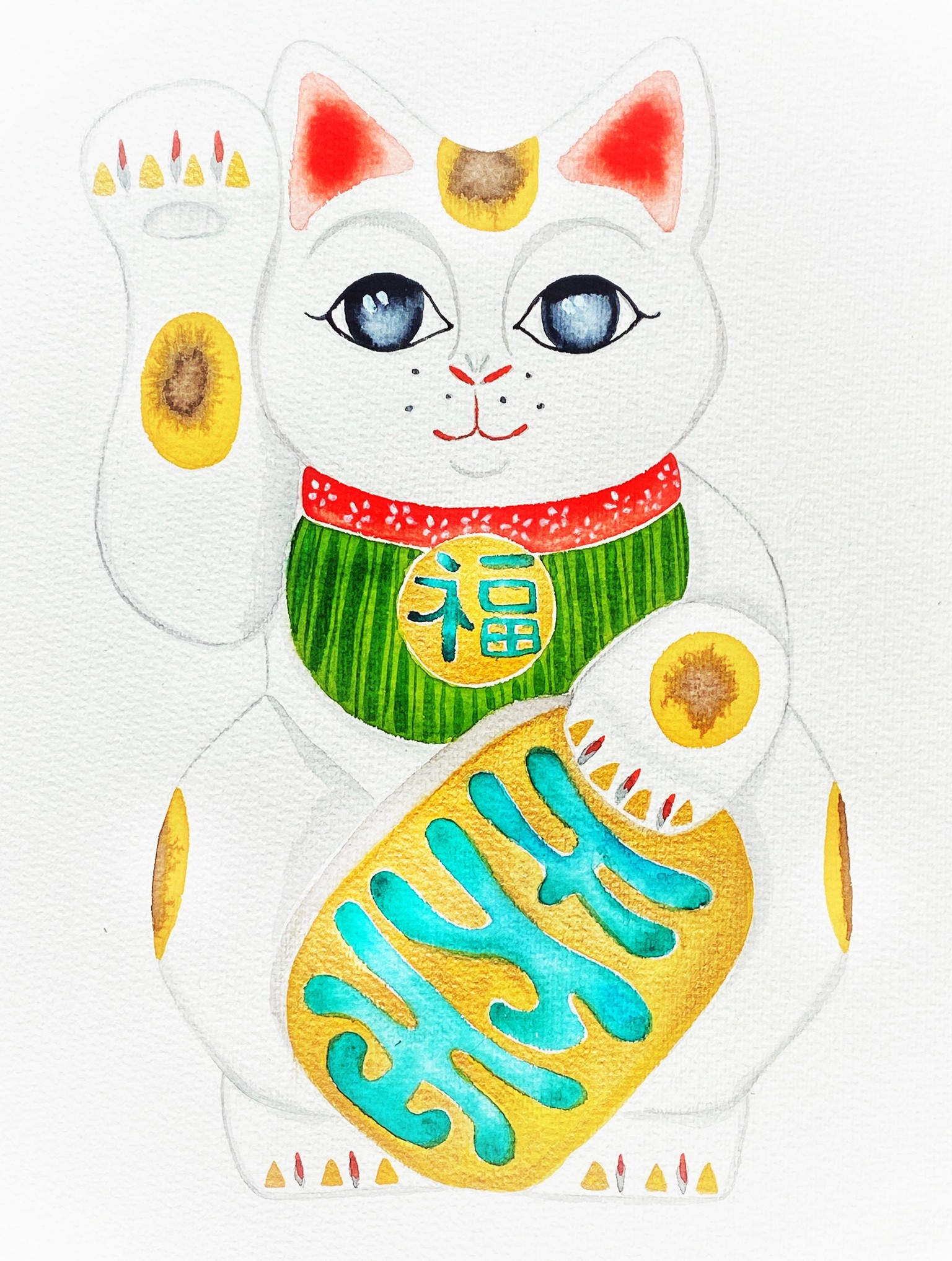 Watercolor Maneki-neko with a blessing wish - image 1 - student project