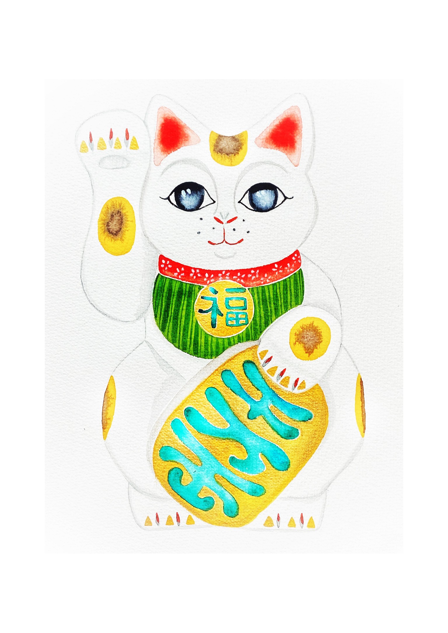 Watercolor Maneki-neko with a blessing wish - image 3 - student project