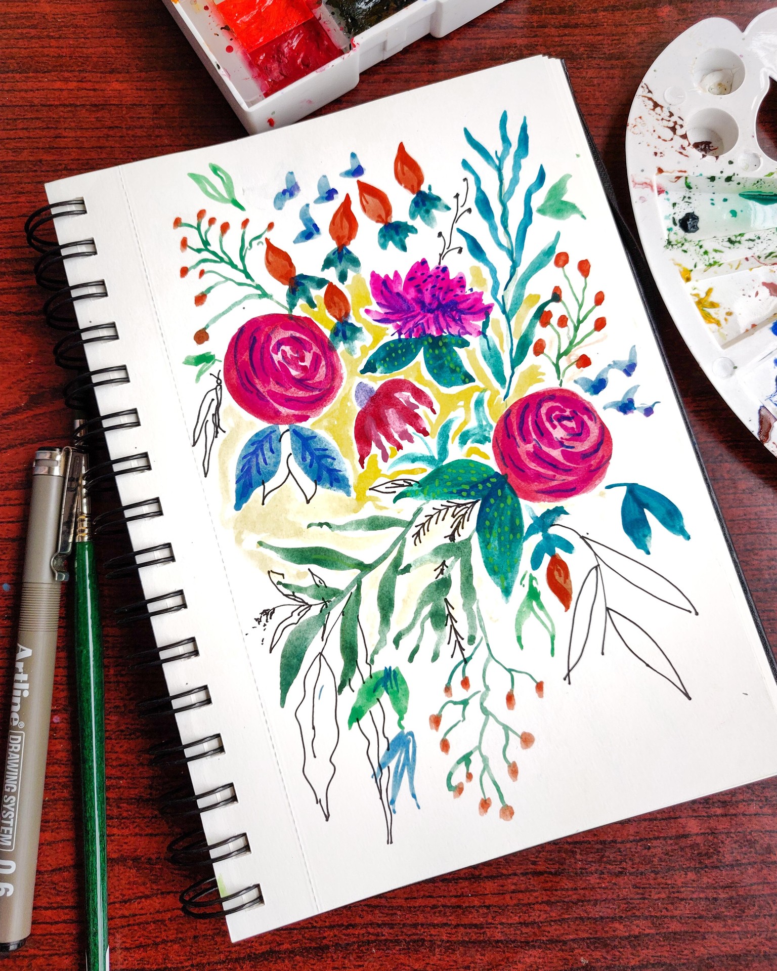 Abstract florals using gauche and ink - image 2 - student project