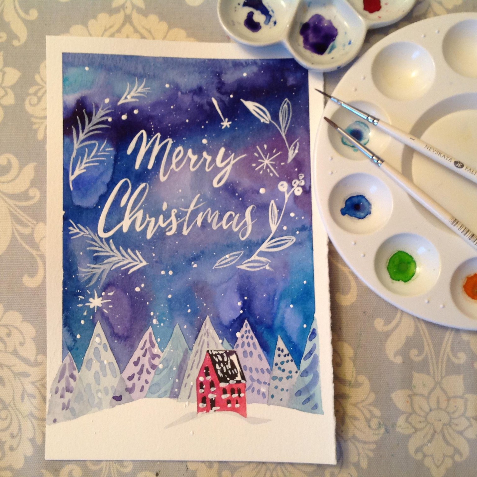 Watercolor and Mixed media Christmas Card - image 1 - student project