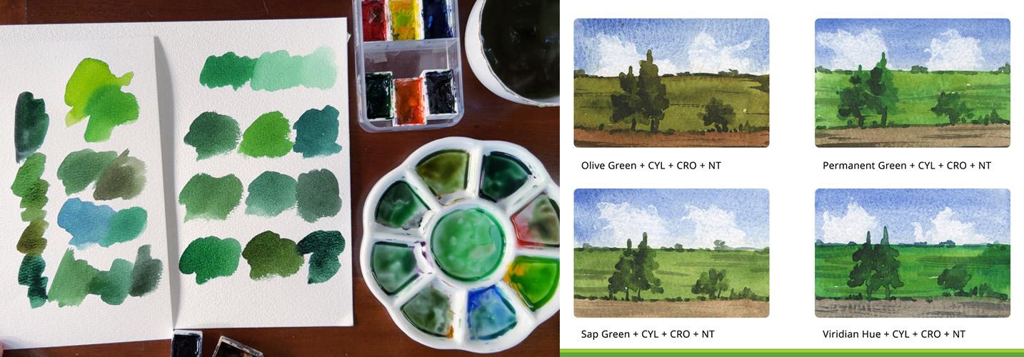 Mixing Vibrant Greens for Watercolor Landscape - image 1 - student project