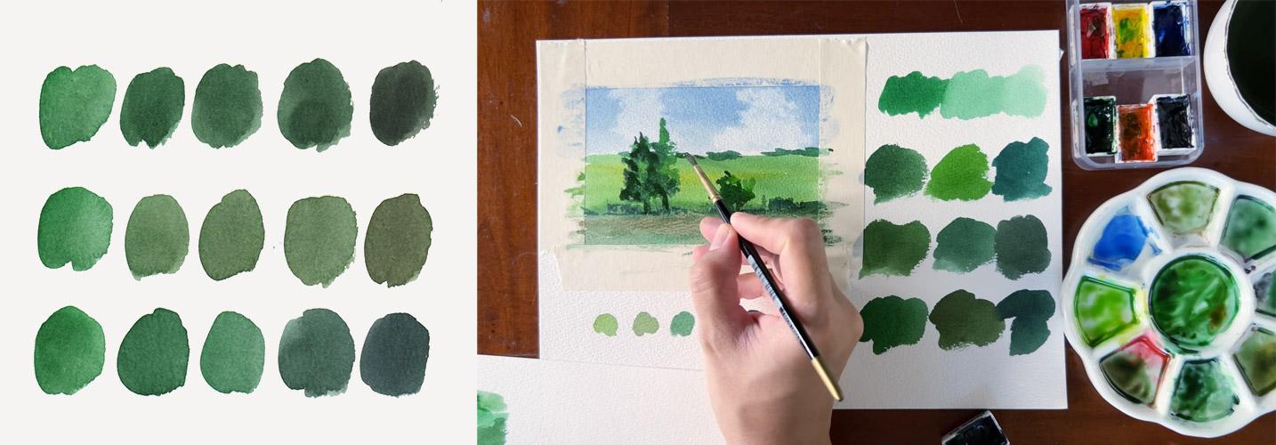 Mixing Vibrant Greens for Watercolor Landscape - image 2 - student project