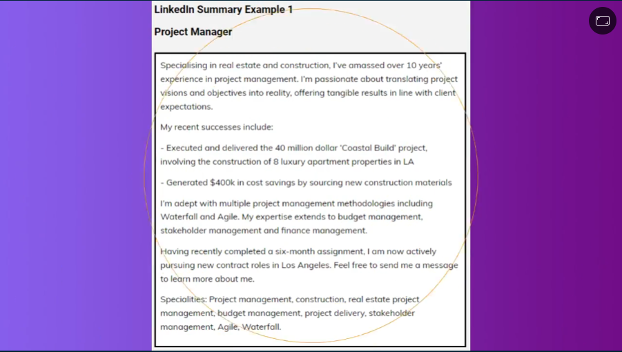 LinkedIn Summary Example - image 1 - student project