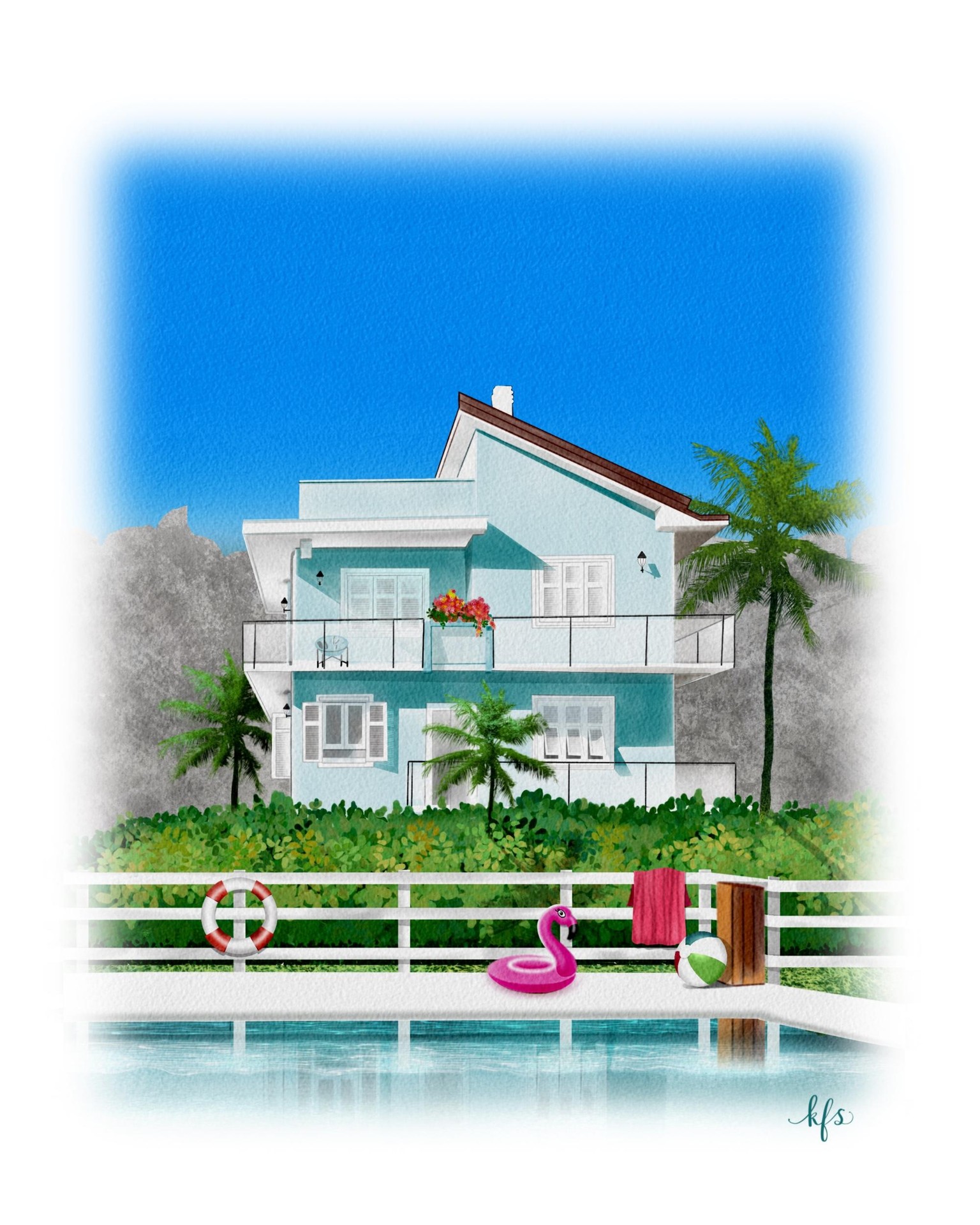 Turquoise House by the Pool - Digital Watercolor - image 1 - student project