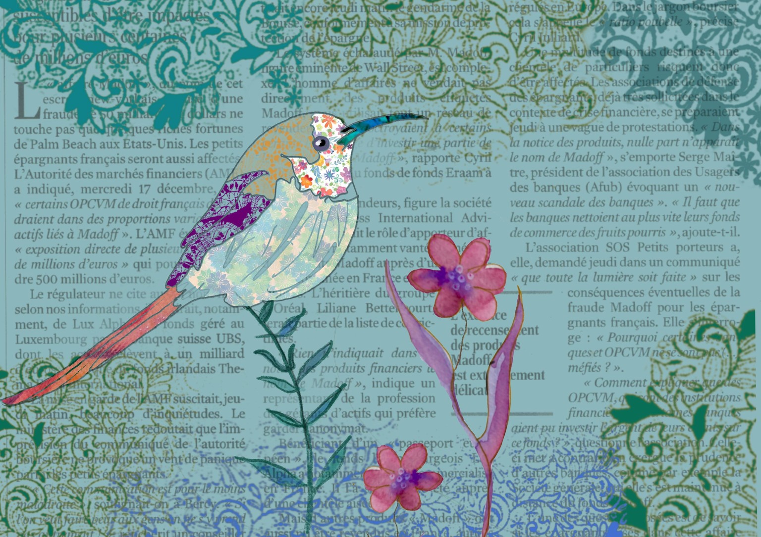 Bird on Newspaper and new Butterfly Patchwork - image 2 - student project