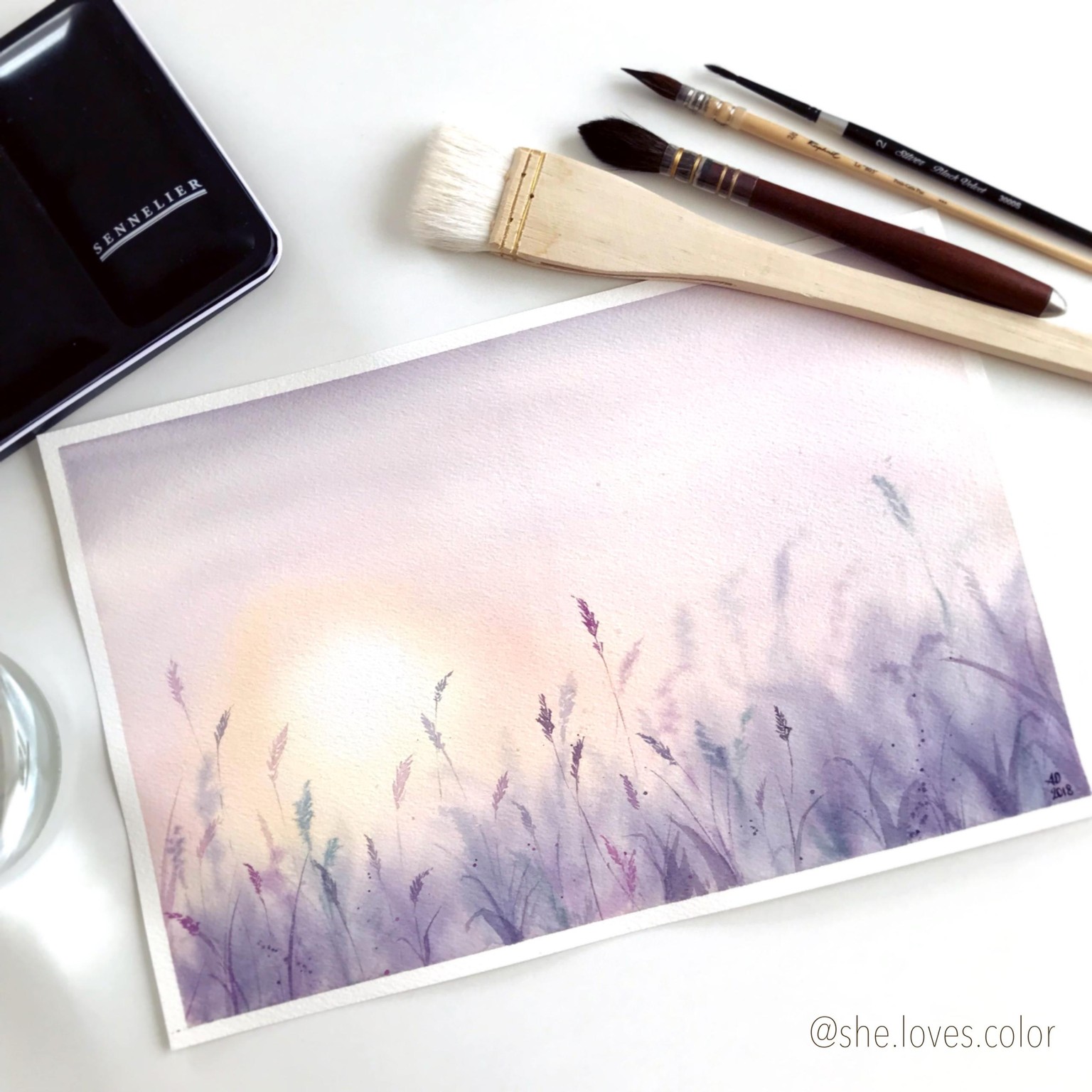 Watercolor sunset in the field - image 2 - student project