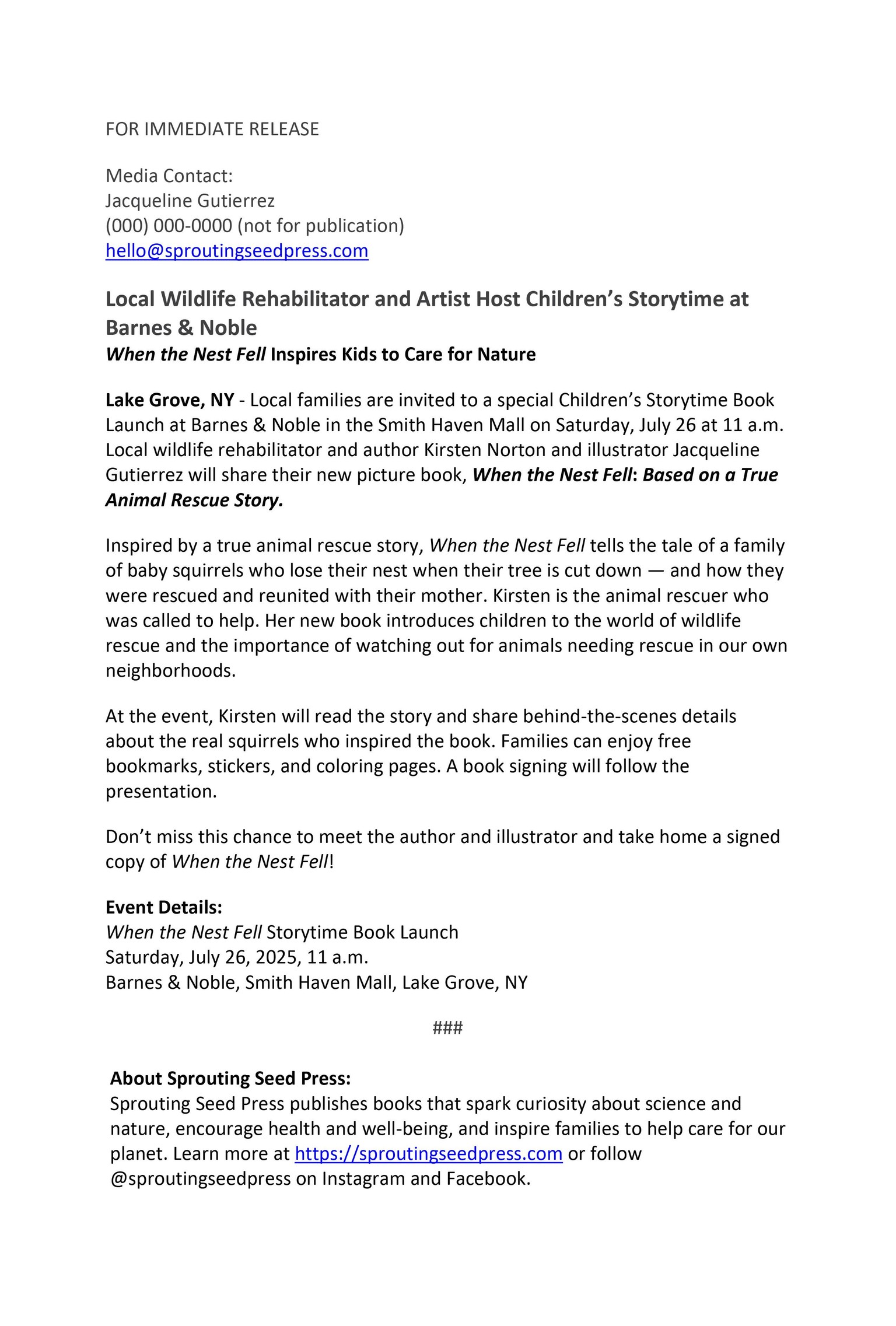 Press Release: Local Wildlife Rehabilitator and Artist Host Children’s Storytime - image 1 - student project