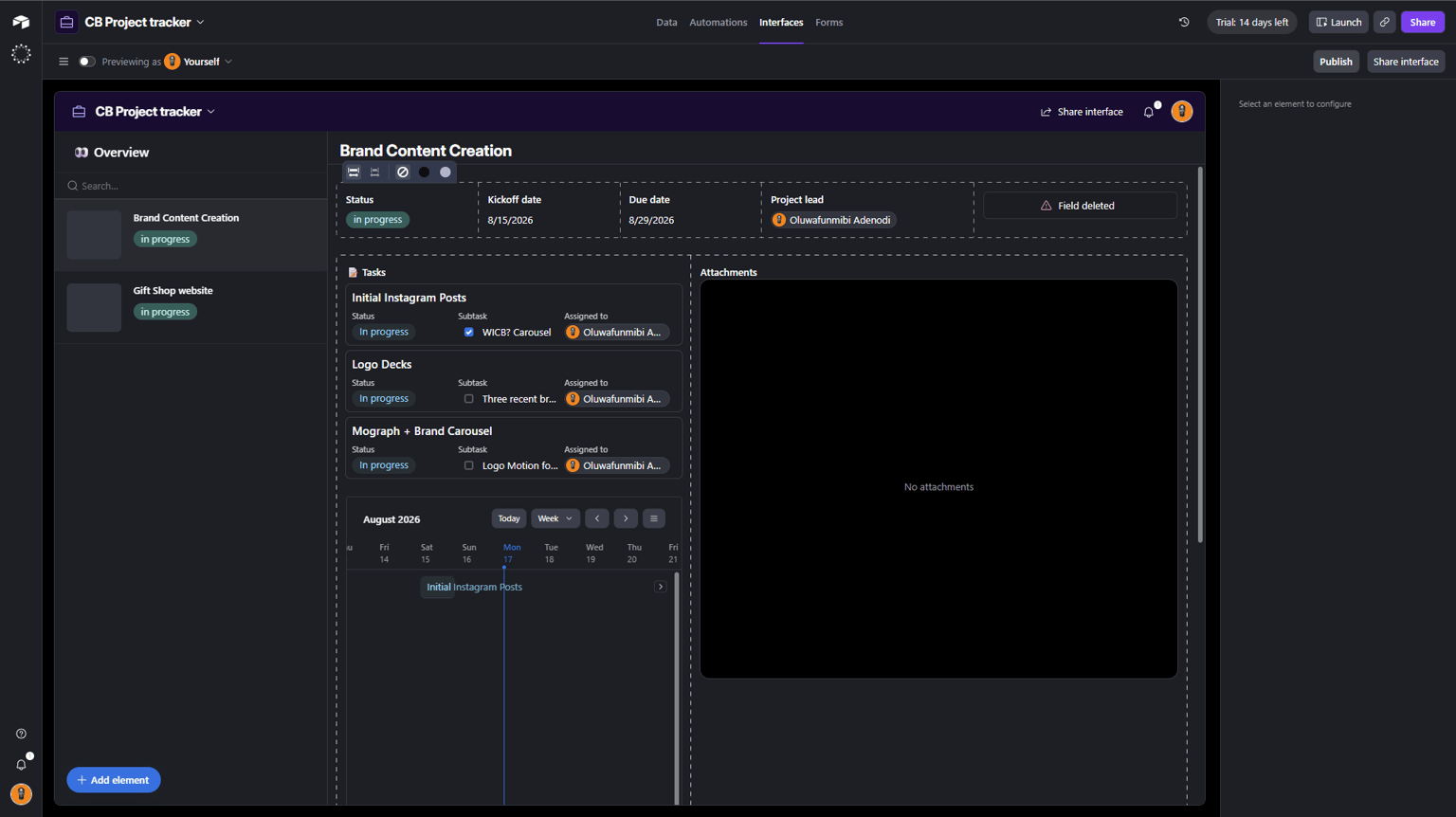 Creative Project Tracker — Airtable Interface - image 1 - student project