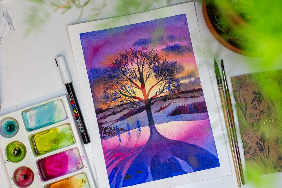 Watercolor sunset - image 1 - student project