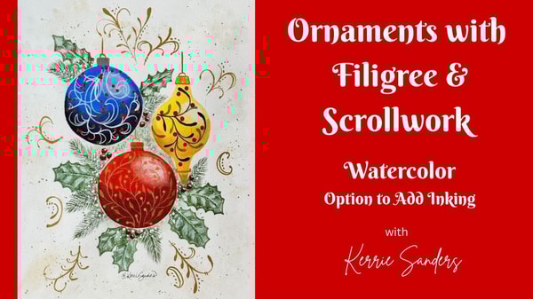 Christmas Ornaments with Filigree & Scrollwork - Watercolor with Option to Ink