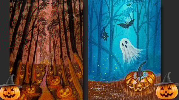 Gouache Painting : 🎃 Misty Forest Halloween With Pumpkins 🎃