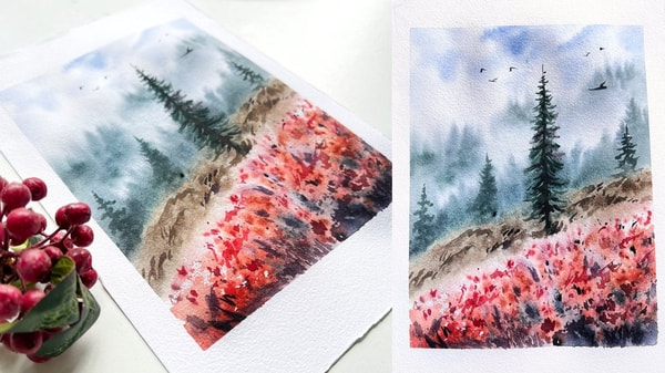 Serene Watercolor Meadow - A Foggy Atmospheric Landscape