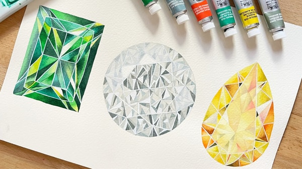 How to Paint Gemstones in Watercolor: Diamonds, Emeralds & Pear Cuts