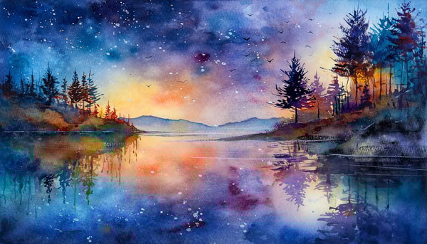 Paint a Cosmic Forest in Watercolor: Night Light, Reflections and Atmosphere
